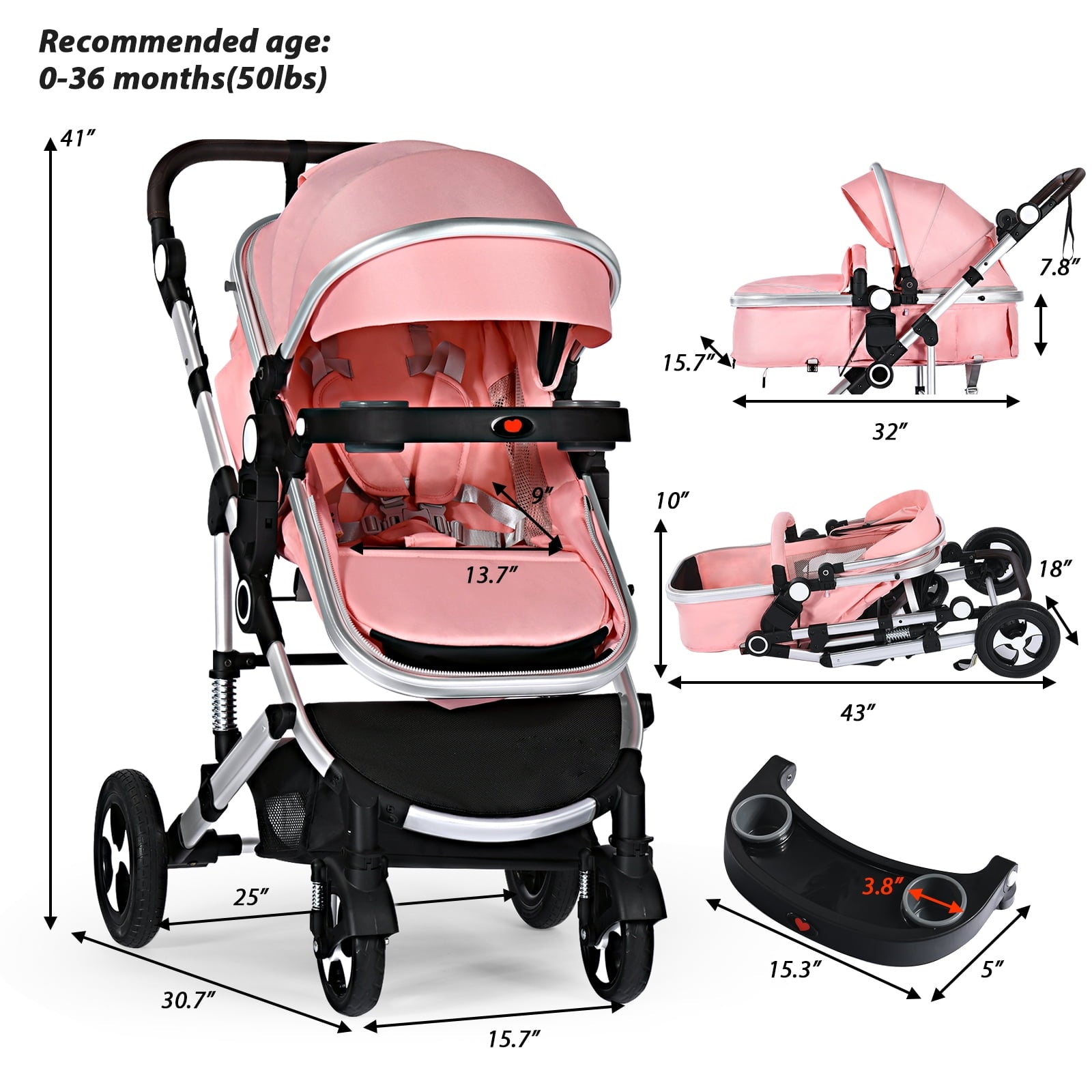 AILEEKISS 3 in 1 Baby Stroller, Convertible Newborn Bassinet Stroller Unisex Infant Carriage, Black