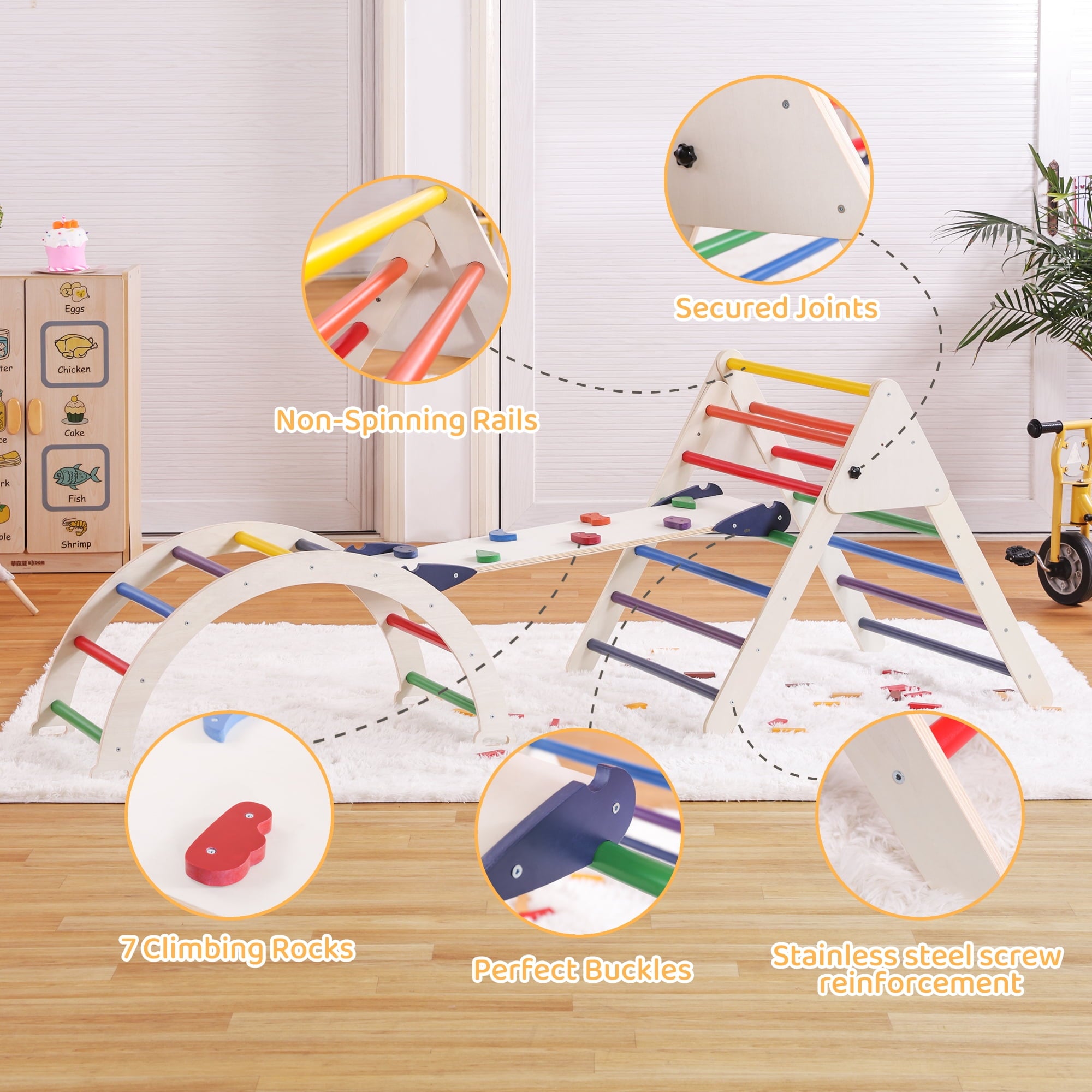 4-in-1 Wooden Pikler Climbing Triangle Foldable Pikler Triangle Ladder with Rock Climbing Ramp and Pikler Arch,Montessori Climber Ladder Slide,Playground for Toddlers and Kids 18m-6yrs