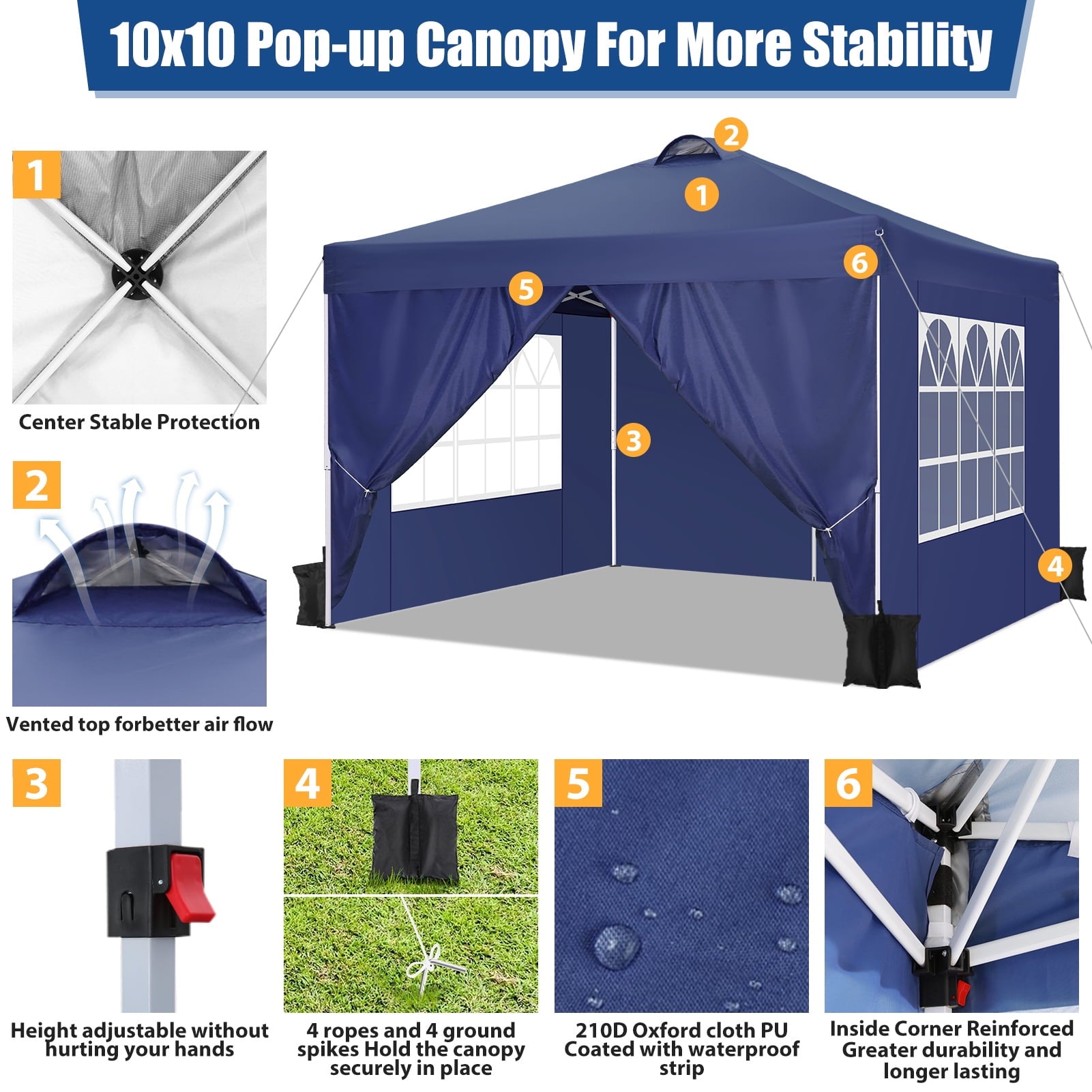 10'x10' EZ Pop Up Canopy with Top Vent, Large Commercial Tent, Waterproof and Sunproof with 4 Removable Sidewalls, Suitable for Weddings come with 4 Sandbags (Black)