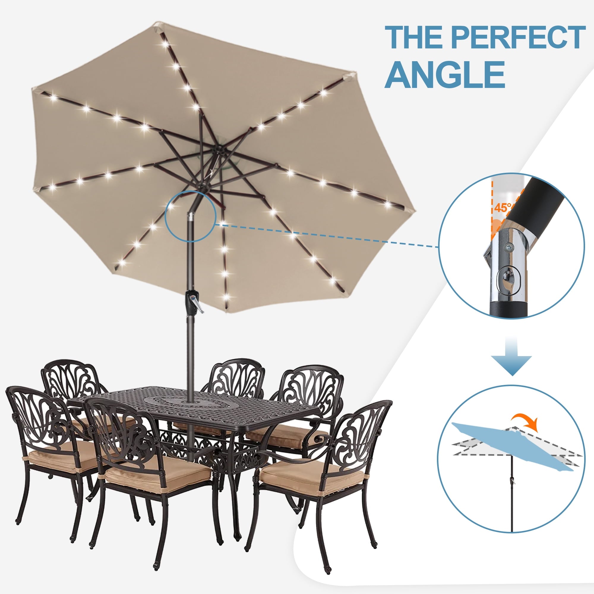 ABCCANOPY 7.5ft Patio Solar Umbrella LED Outdoor Umbrella with Tilt and Crank, Turquoise
