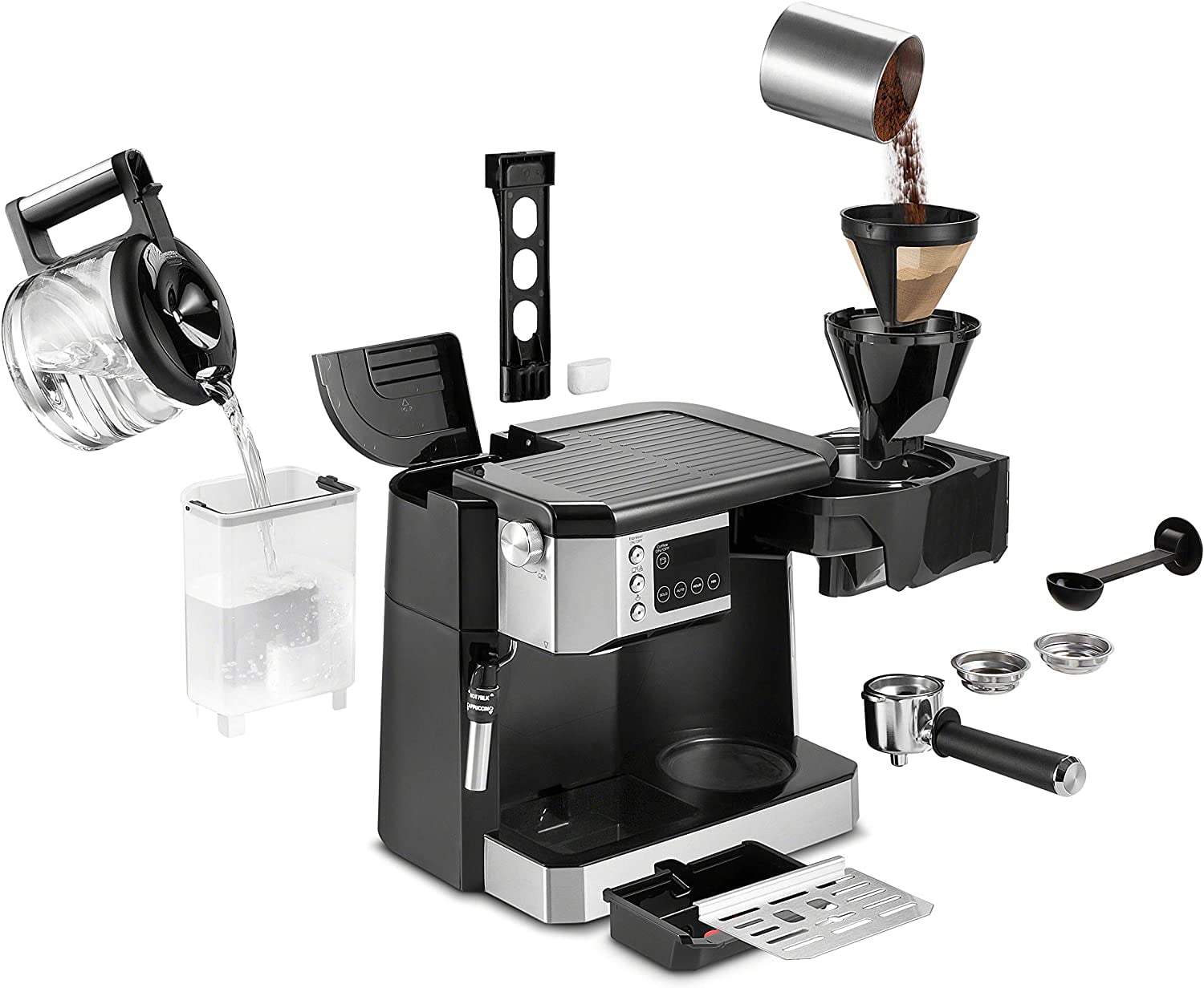 De'Longhi All-in-One Combination Coffee Maker & Espresso Machine + Advanced Adjustable Milk Frother for Cappuccino & Latte + Glass Coffee Pot 10-Cup, COM532M