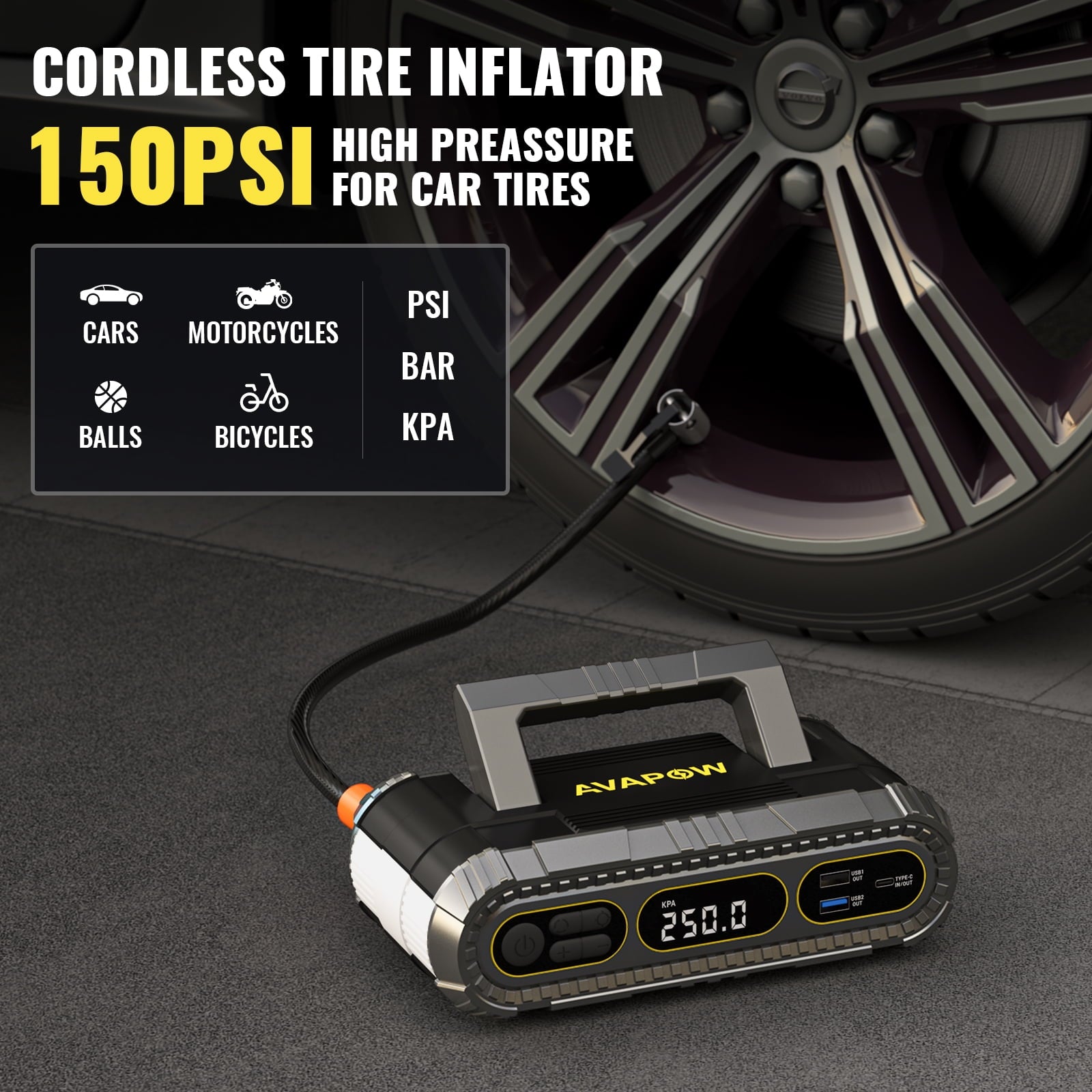 AVAPOW Jump Starter with Air Compressor, 4000A Battery Jump Starter (for All Gas or Up to 10L Diesel), 150PSI Digital Tire Inflator with Emergency Light