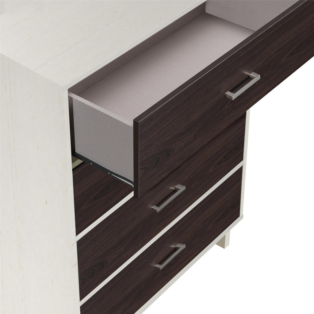 Ameriwood Home Lennon Tall 5 Drawer Dresser, Medium Brown and Faux Rattan