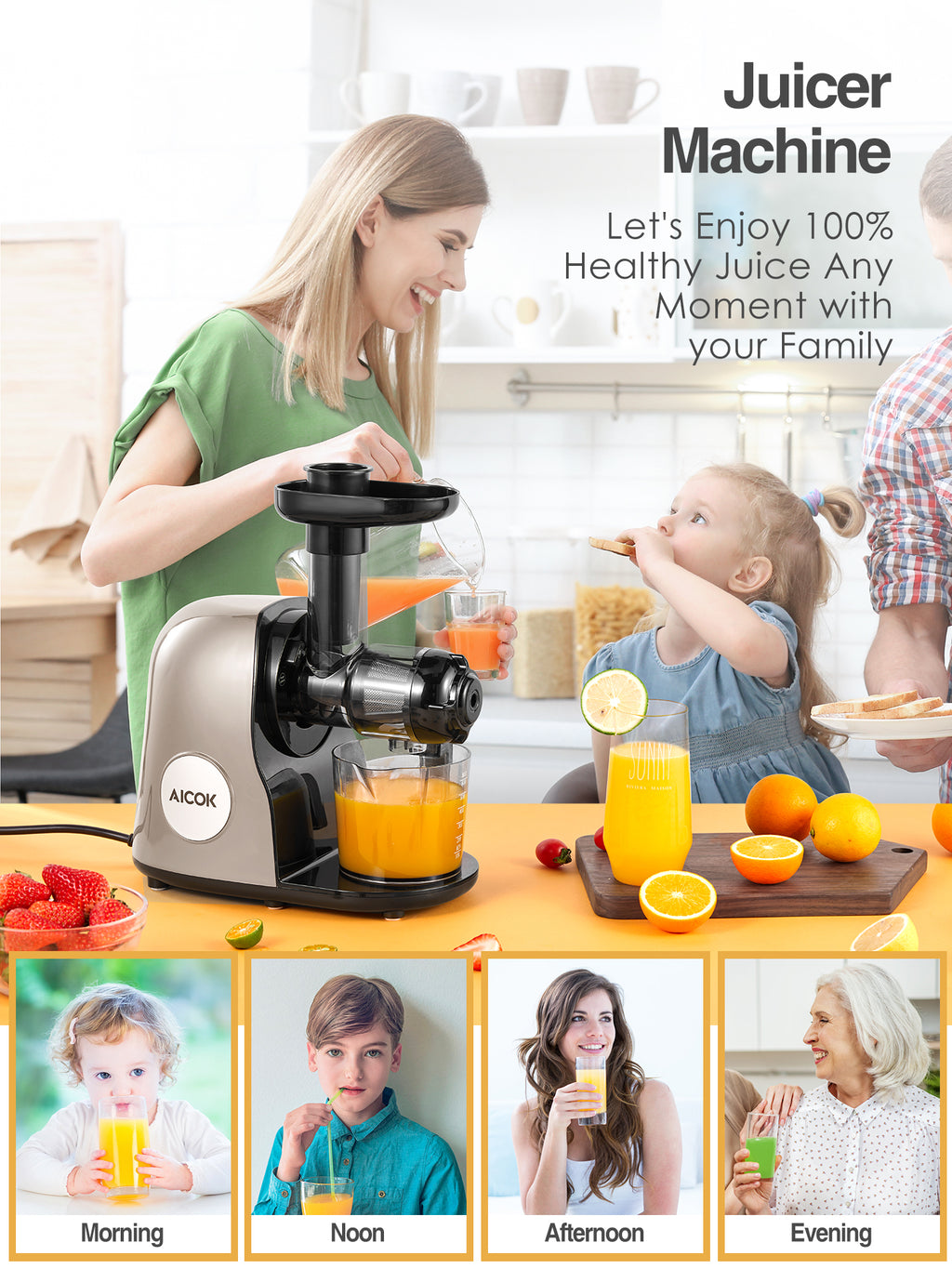 Aicok Juicer Machines, Slow Masticating Juicer with Higher Juice Yield and Drier Pulp For Vegetables and Fruits- Easy to Use and Clean | 150-Watt | Quiet Motor & Reverse Function | BPA-Free