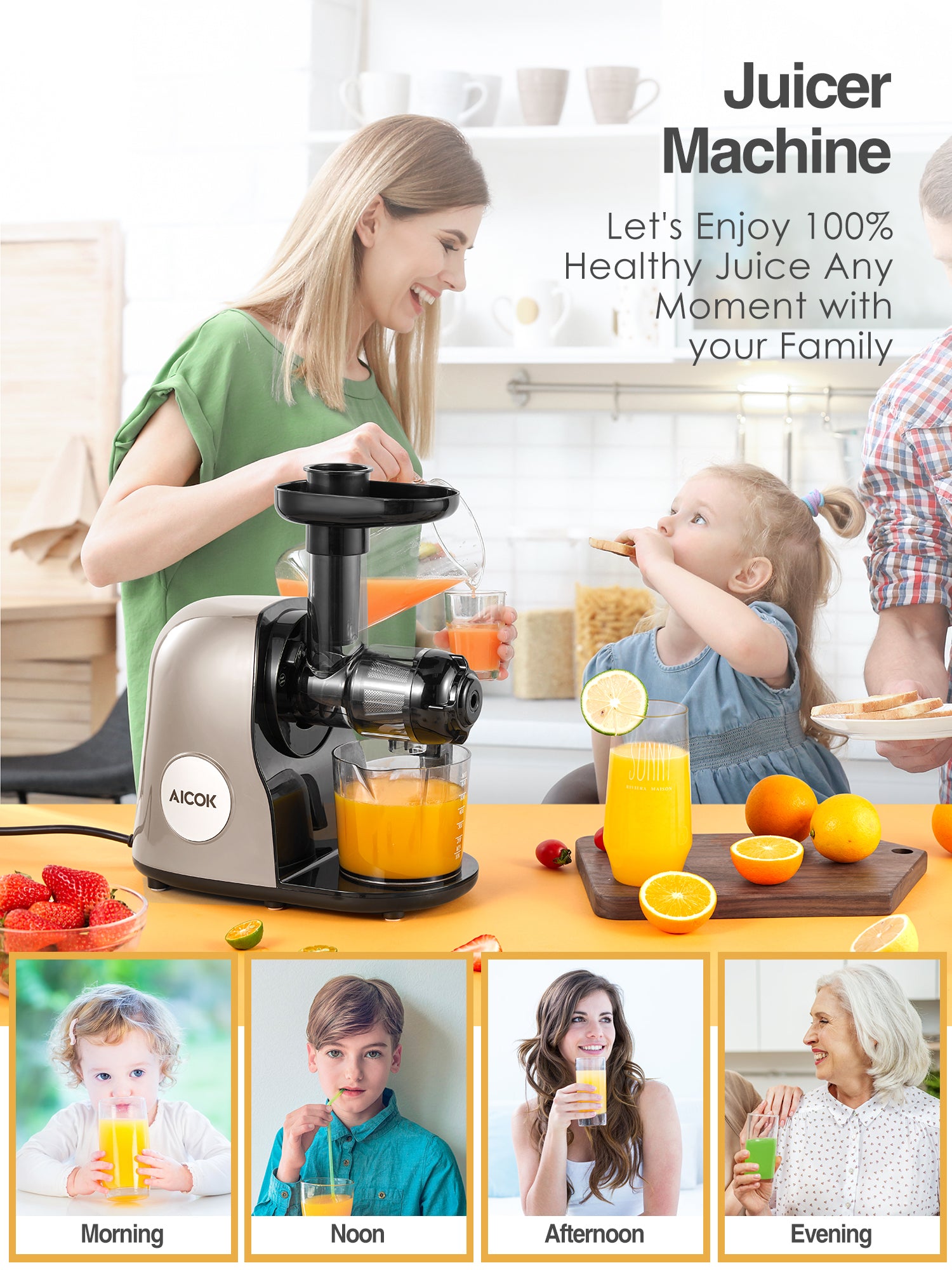Aicok Juicer Machines, Slow Masticating Juicer with Higher Juice Yield and Drier Pulp For Vegetables and Fruits- Easy to Use and Clean | 150-Watt | Quiet Motor & Reverse Function | BPA-Free