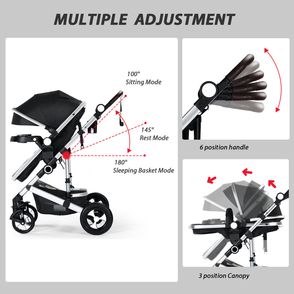 AILEEKISS 3 in 1 Baby Stroller, Convertible Newborn Bassinet Stroller Unisex Infant Carriage, Black