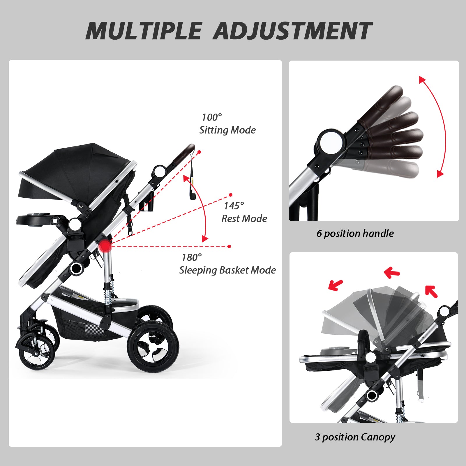 AILEEKISS 3 in 1 Baby Stroller, Convertible Newborn Bassinet Stroller Unisex Infant Carriage, Black