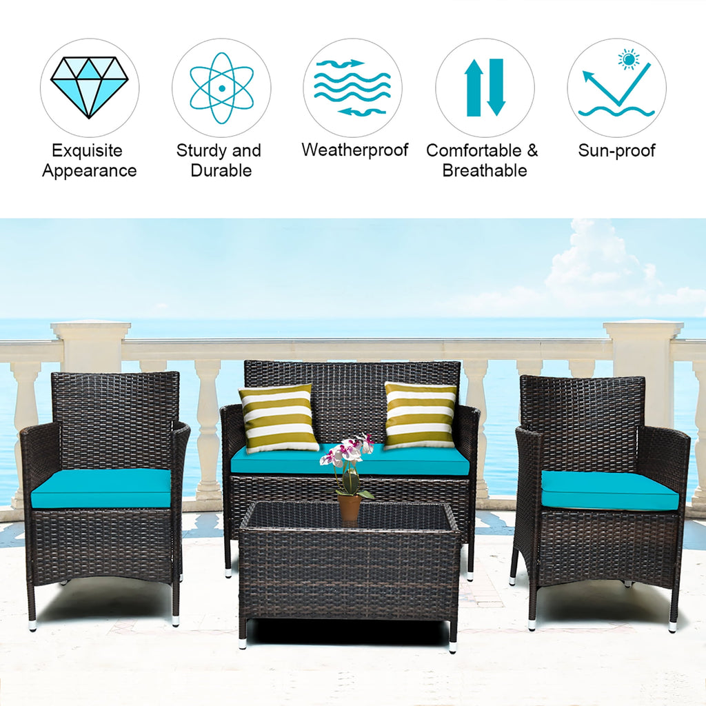 4PCS Outdoor Patio PE Rattan Wicker Table Shelf Sofa Furniture Set With Cushion