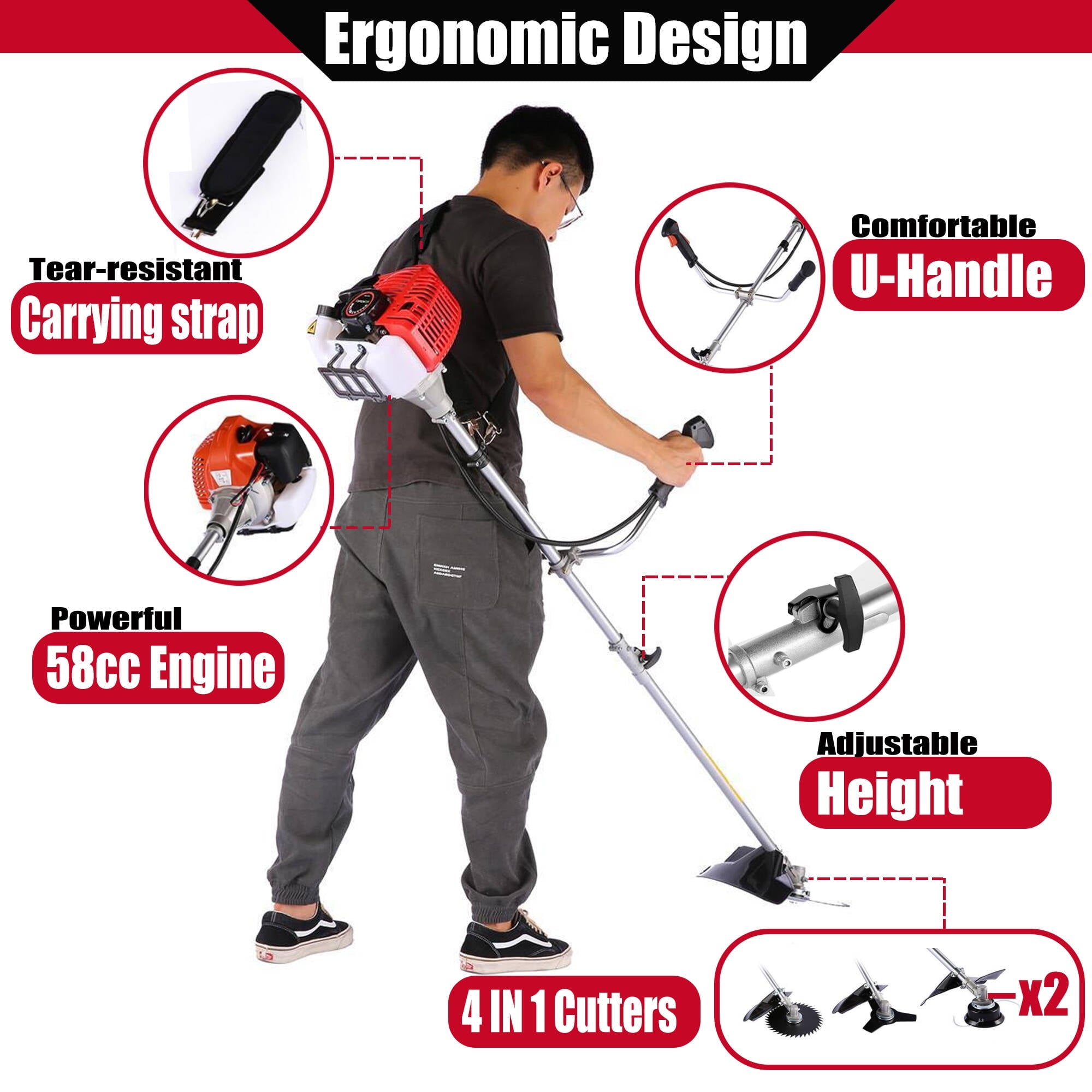 58CC Weed Wacker 4 in 1 Gas Powered 2-Cycle Gas Weed Eater with 4 Detachable Heads, 18" Adjustable Straight Shaft Wireless String Trimmer for Garden, Red