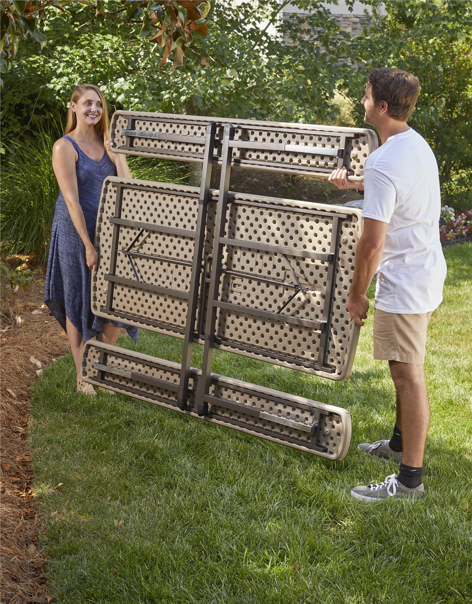 6 ft. Folding Blow Mold Picnic Table, Taupe Wood Grain with Brown Legs