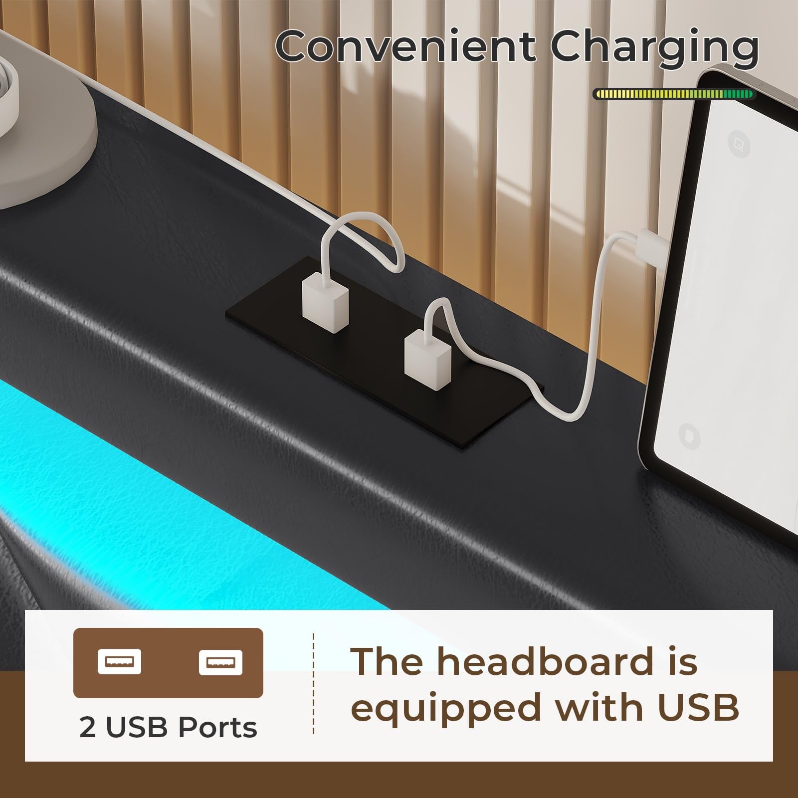 Afuhokles Queen Bed Frame with LED Lights Headboard, 4 Drawers,2 USB Charging Station, Upholstered Platform Bed, Dark Gray