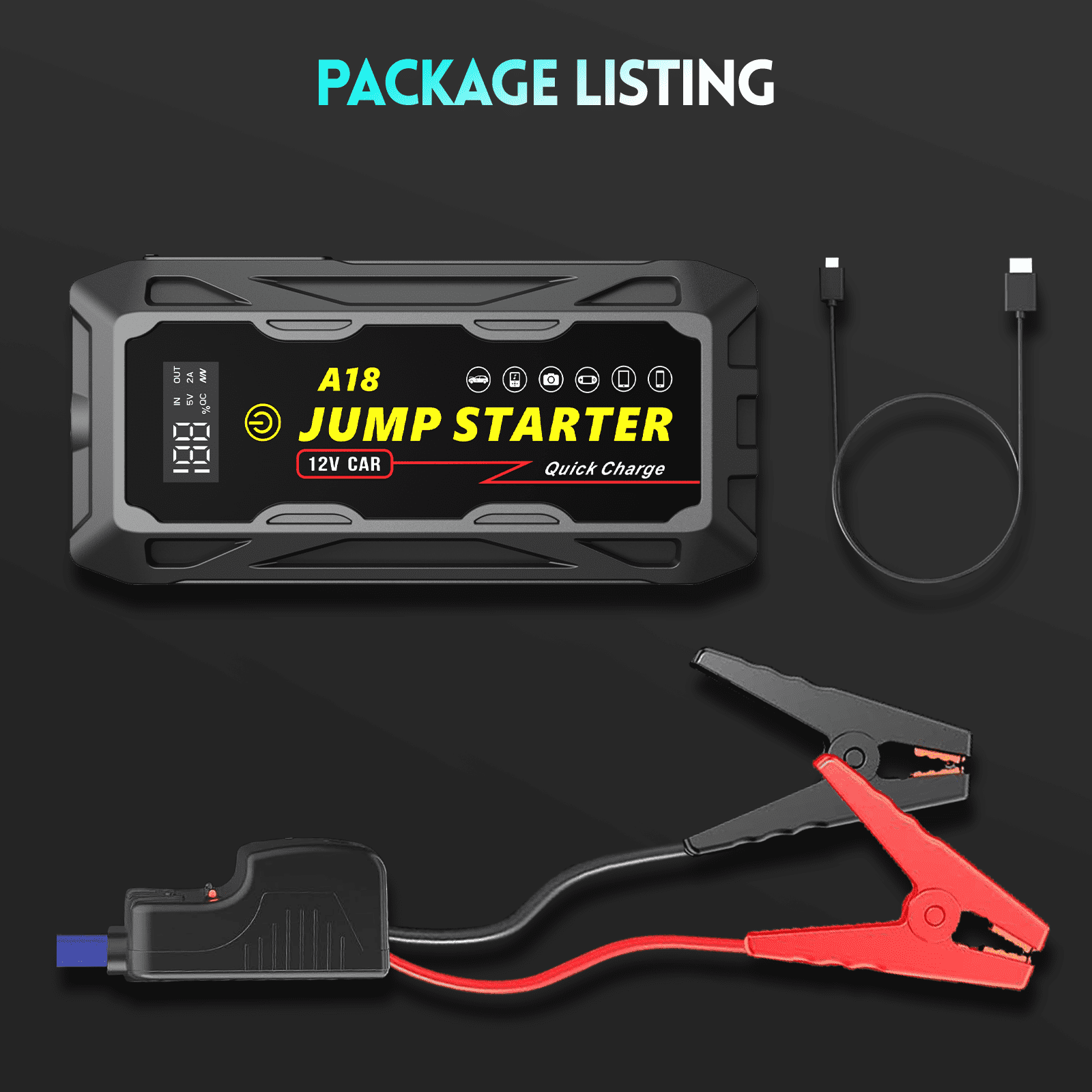 ABSOKE Car Battery Jump Starter, 3000A Peak 20000mAh Battery Booster, Fast Charger 12V Jumper Cables for 8.0L Gasoline & 6.0L Diesel Engines