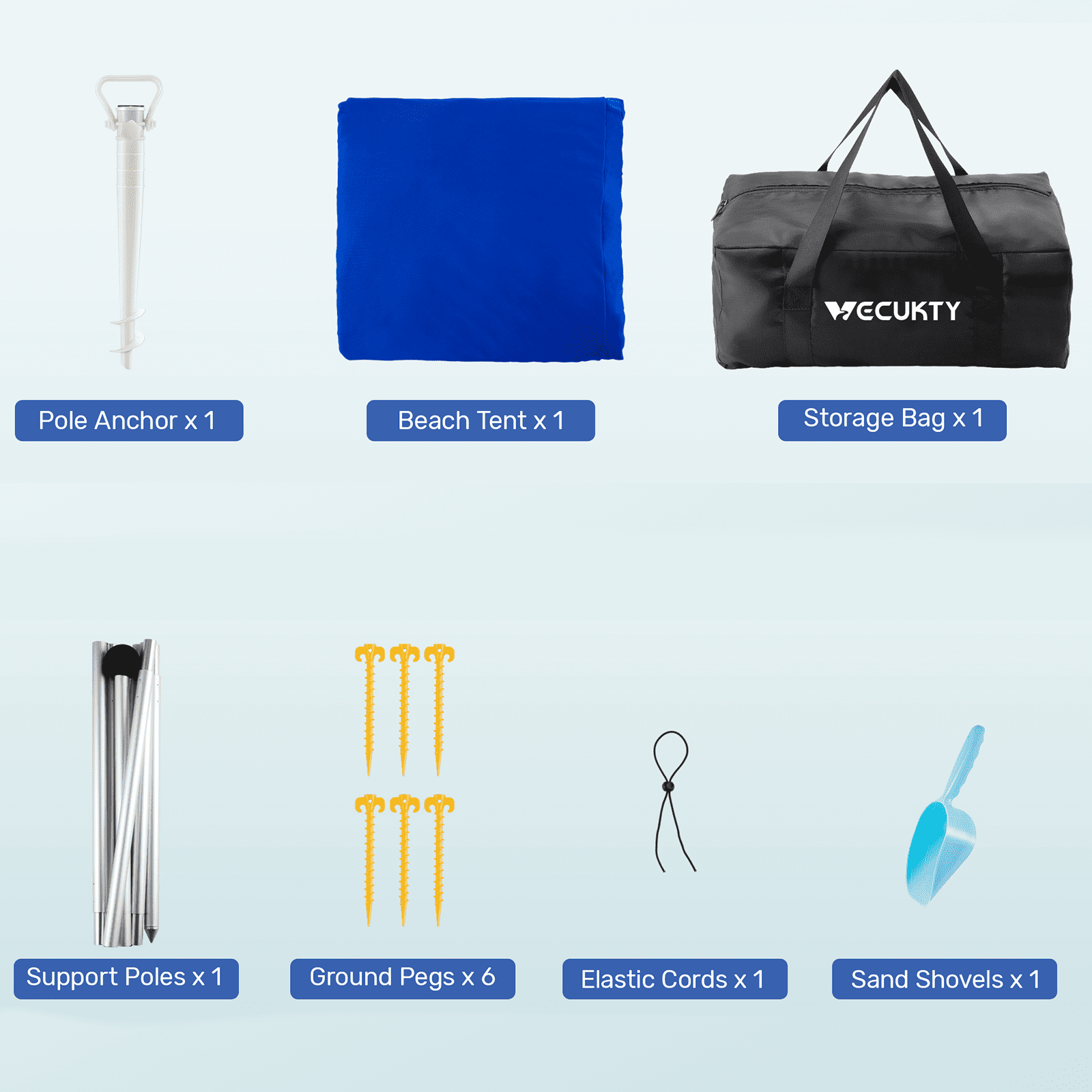 Beach Canopy Tent Sun Shade, VECUKTY 12x12 FT Beach Tent Sun Shelter UPF 50+ UV Protection with Sandbags , 1 Stability Poles and Ground Pegs and Anti-Wind Ropes,Blue