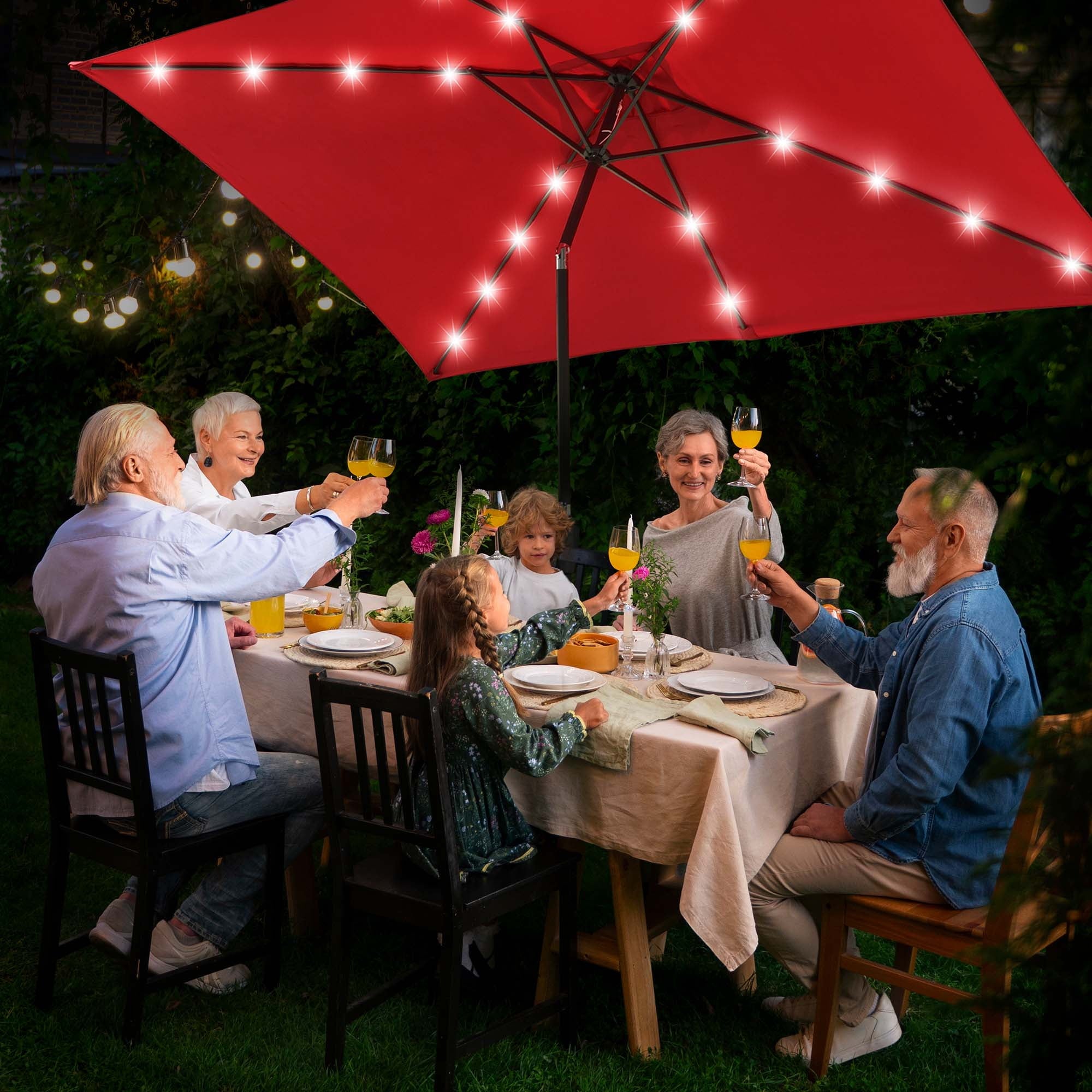 10x6.5ft Rectangle Outdoor Patio Beach Market Aluminium Umbrella Sun Shade Solar Powered Led Light Crank Tilt (Red)
