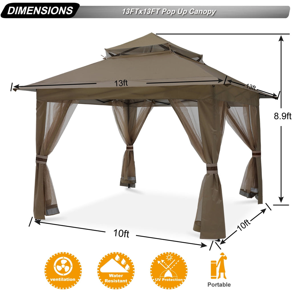 ABCCANOPY 13'x13' Gazebo Tent Outdoor Pop up Gazebo Canopy Shelter with Mosquito Netting, Brown