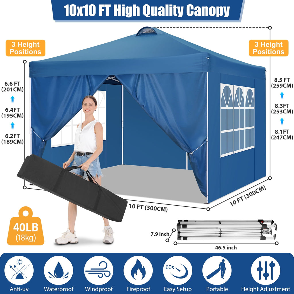 10'x10' EZ Pop Up Canopy with Top Vent, Large Commercial Tent, Waterproof and Sunproof with 4 Removable Sidewalls, Suitable for Weddings come with 4 Sandbags (Black)