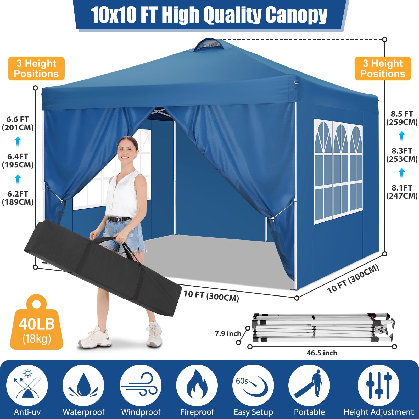 10'x10' EZ Pop Up Canopy with Top Vent, Large Commercial Tent, Waterproof and Sunproof with 4 Removable Sidewalls, Suitable for Weddings come with 4 Sandbags (Black)