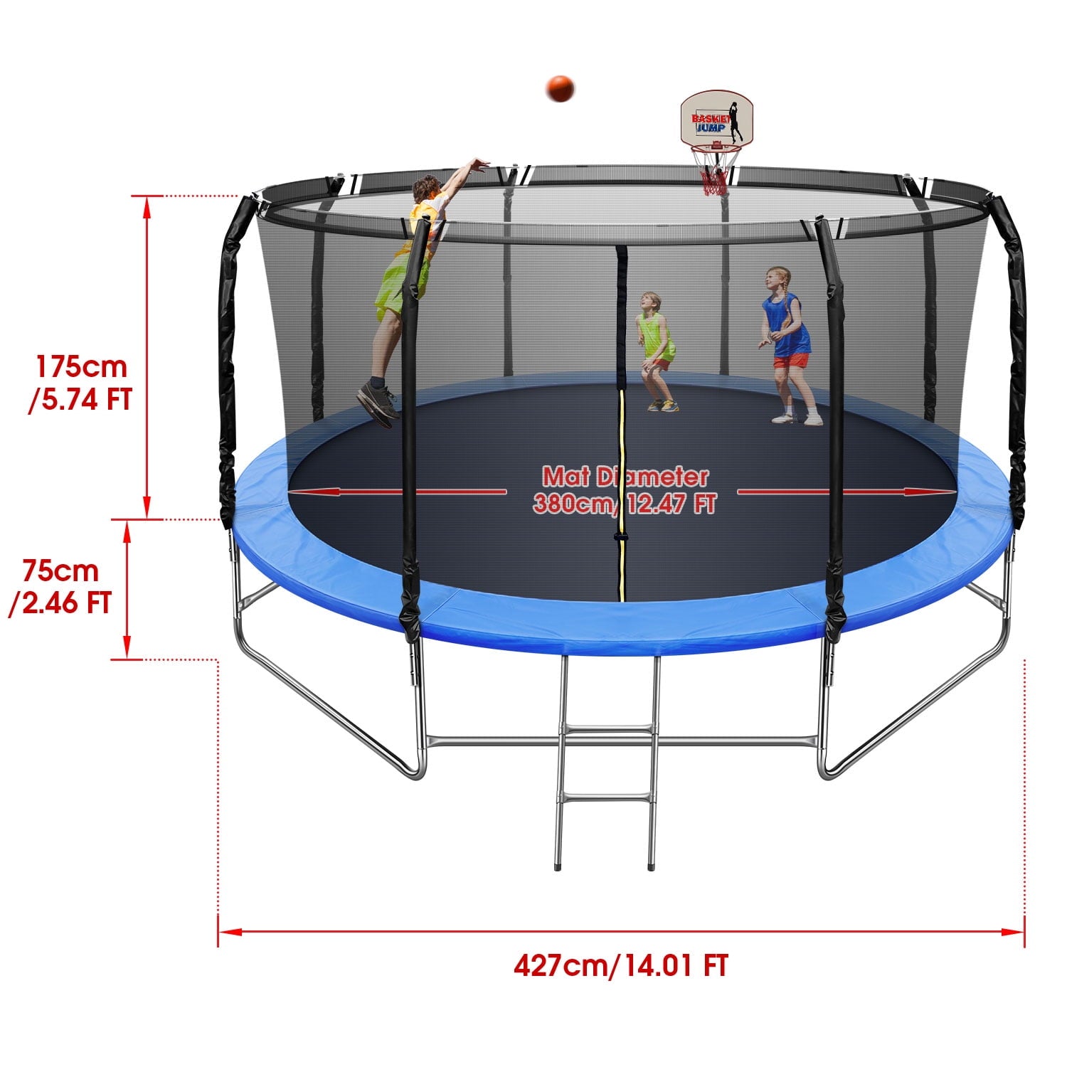14FT Trampoline for Kids, Trampoline with Basketball Hoop&Safety Enclosure Net, 880LBS Capacity 4 Kids, Waterproof Mat and Ladder, Outdoor Backyard Trampoline