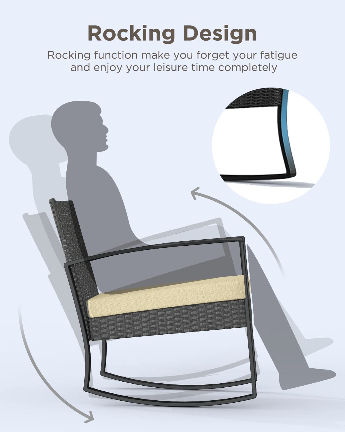 3 Piece Patio Bistro Set, Outdoor Furniture Rocking Chair Set with Glass Table, Beige Cushion