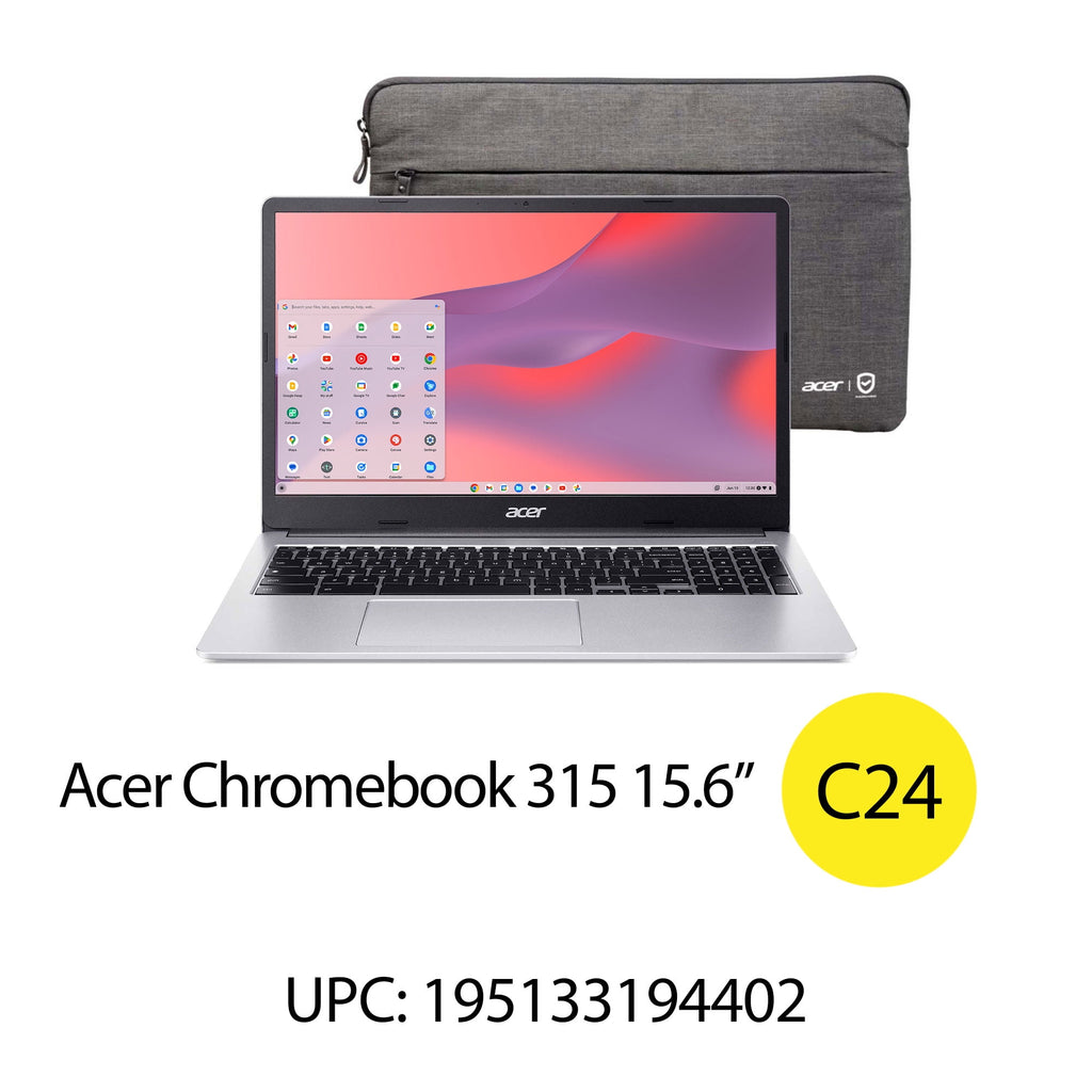 Acer Chromebook 315 (2023), 15.6" FHD, Intel Celeron N4500, 4GB RAM, 64GB eMMC, Pure Silver, Protective Sleeve Included, CB315-4H-C7A1