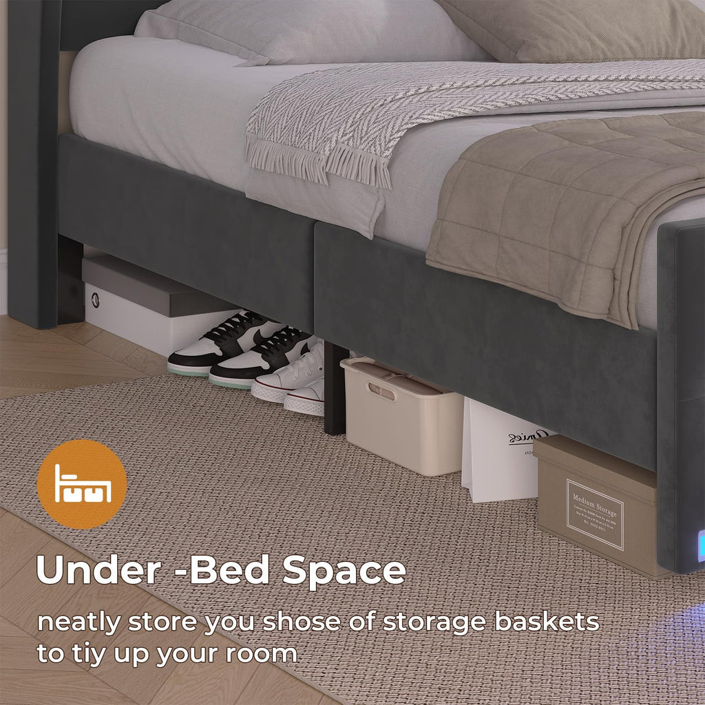 Afuhokles LED Bed Frame King Size with Tall Storage Headboard Footboard, Charging Station, Velvet Upholstered Platform Bed, Gray