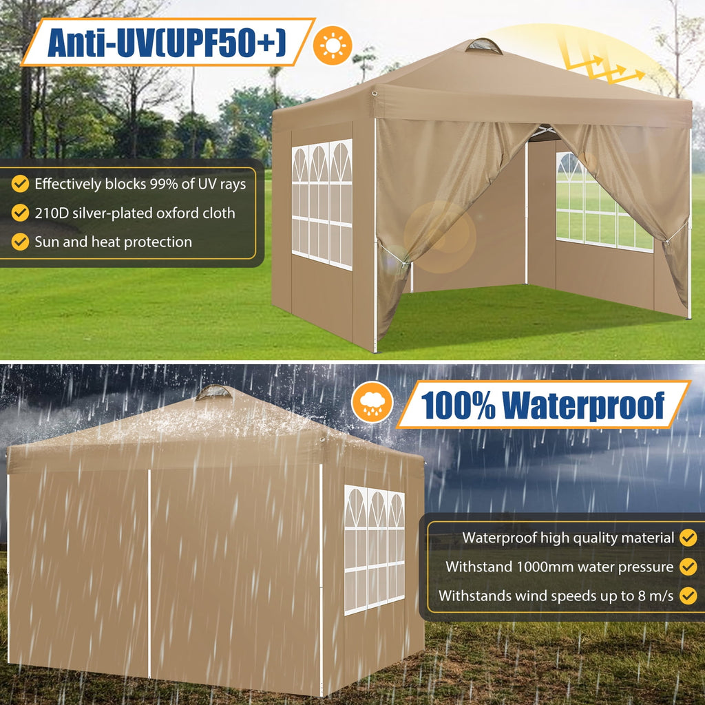10'x10' EZ Pop Up Canopy with Top Vent, Large Commercial Tent, Waterproof and Sunproof with 4 Removable Sidewalls, Suitable for Weddings come with 4 Sandbags (Black)