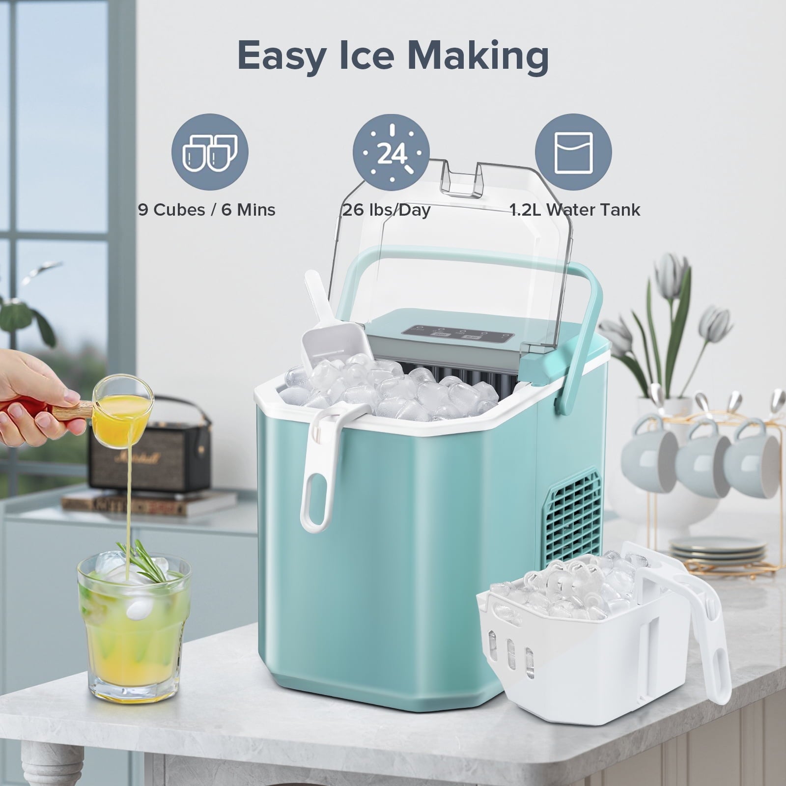 Auseo Countertop Ice Maker, Self-cleaning Portable Ice Maker Machine with Handle and Ice Scoop, Bullet Ice Cubes, 9Pcs/8Min 26Lbs/24H for Home/Office/Bar/Party (Black)