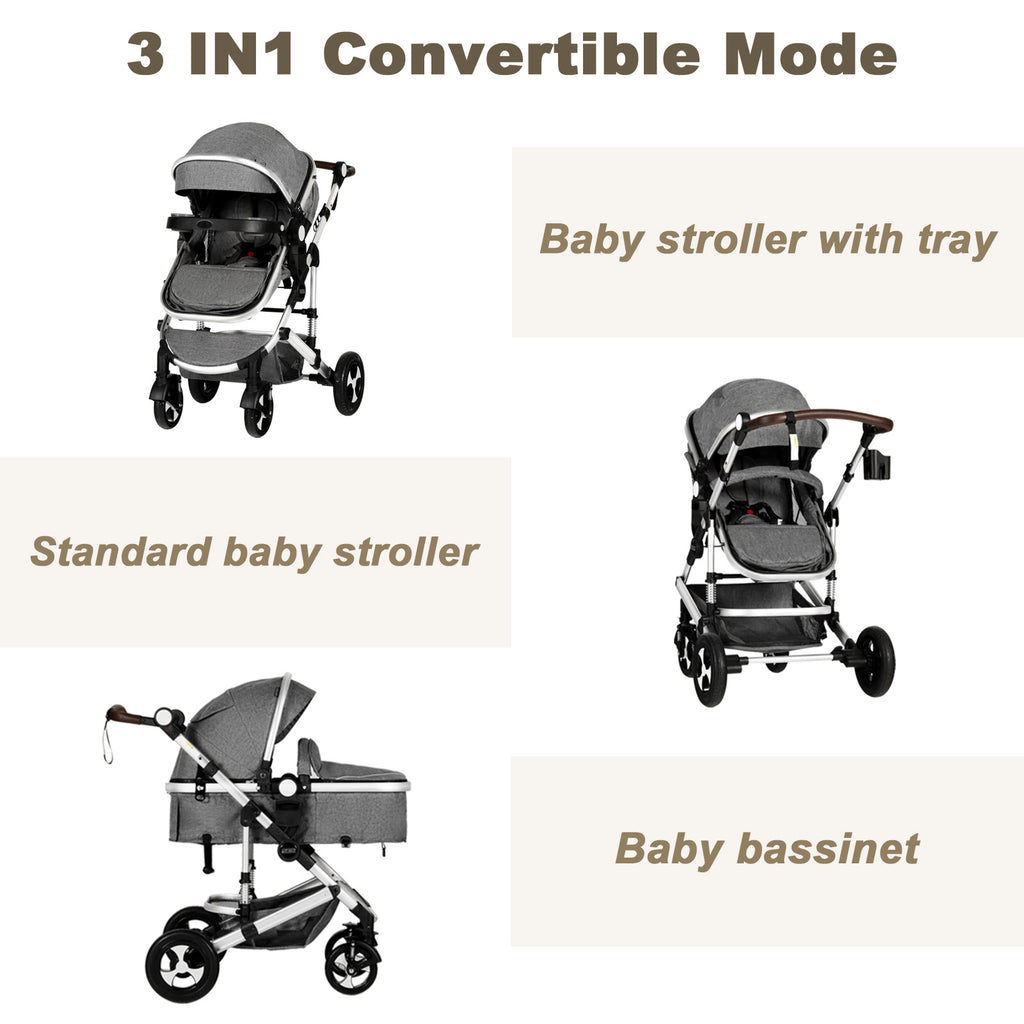 AILEEKISS 3 in 1 Baby Stroller, Convertible Newborn Bassinet Stroller Unisex Infant Carriage, Black