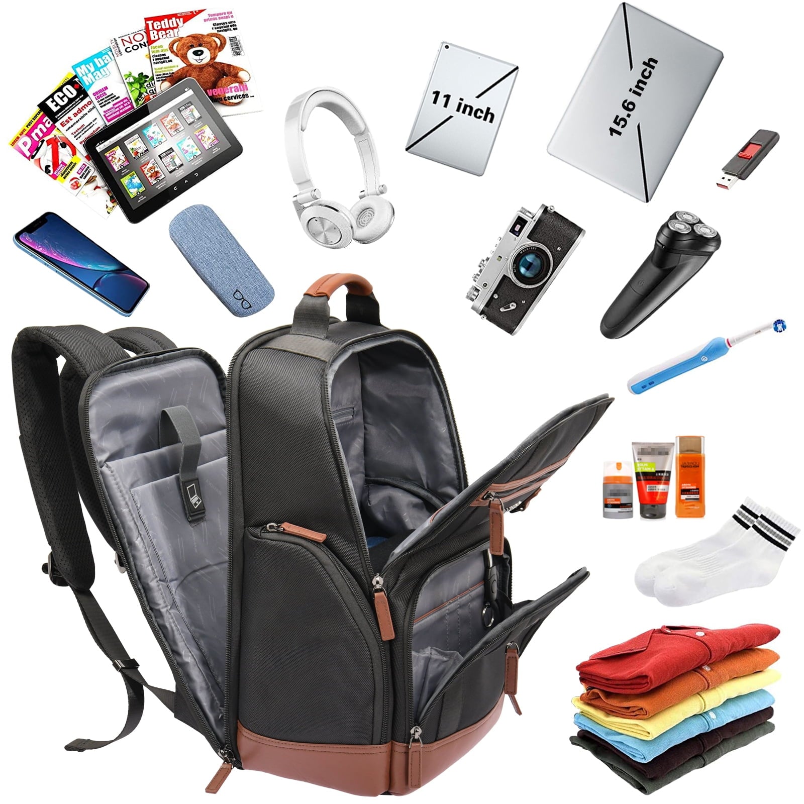 Aokur Unisex Expandable Travel Backpack, 17.3" Laptop Backpack with USB Charger Port, 50L Hiking Backpack with Shoes Compartment, Dry Wet Pocket, TSA Friendly Flight Approved Daypack Black