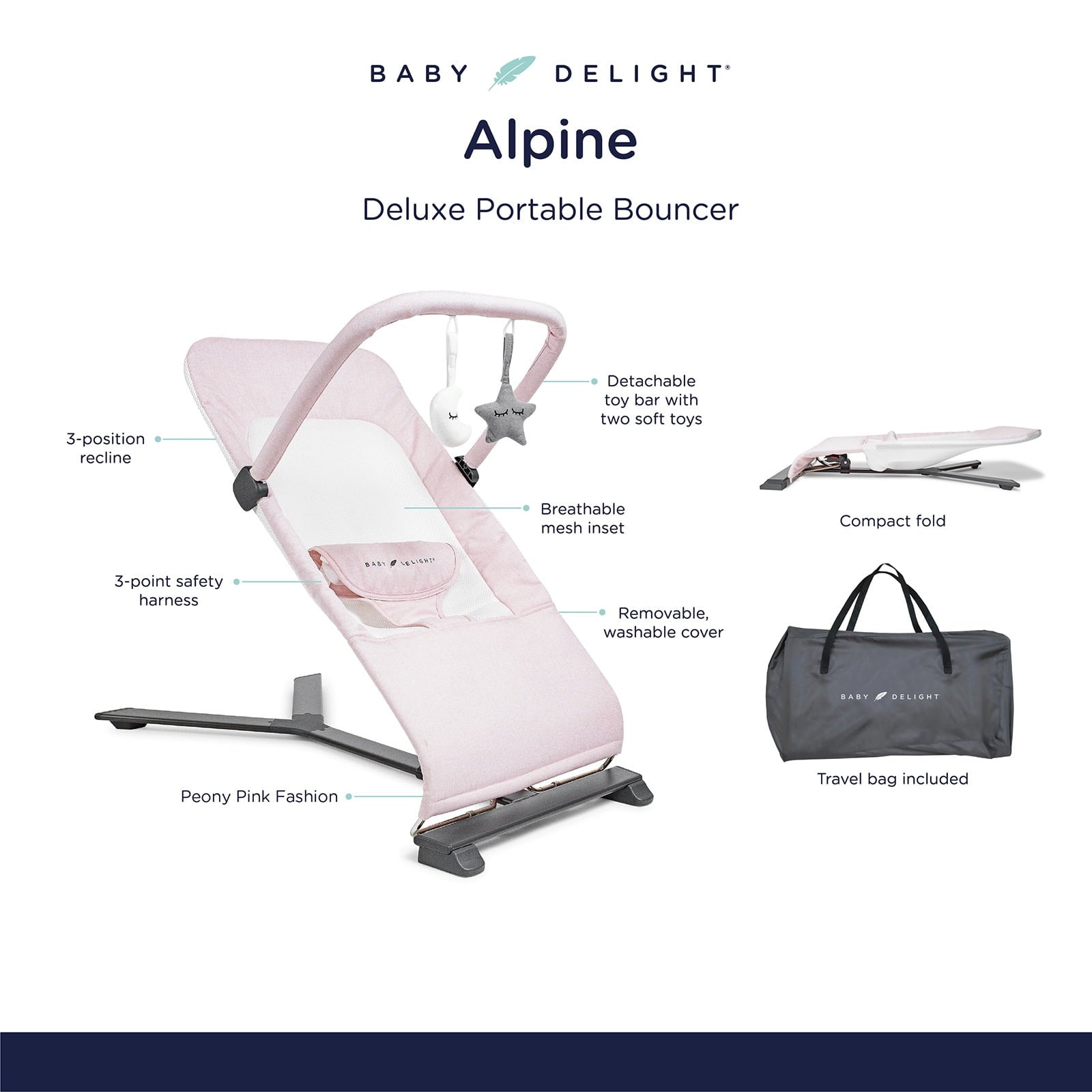 Baby Delight Alpine Deluxe Portable Infant Bouncer - for Use 0-6 Months- Quilted Indigo