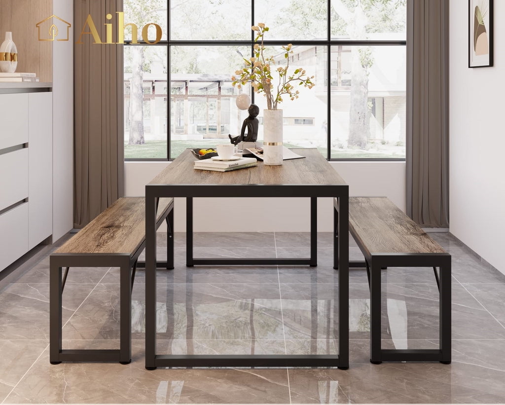 Aiho 45.5" Dining Table Set for 4, Kitchen Table with 1 Table & 2 Benches, Dining Room Set for Small Spaces - Retro