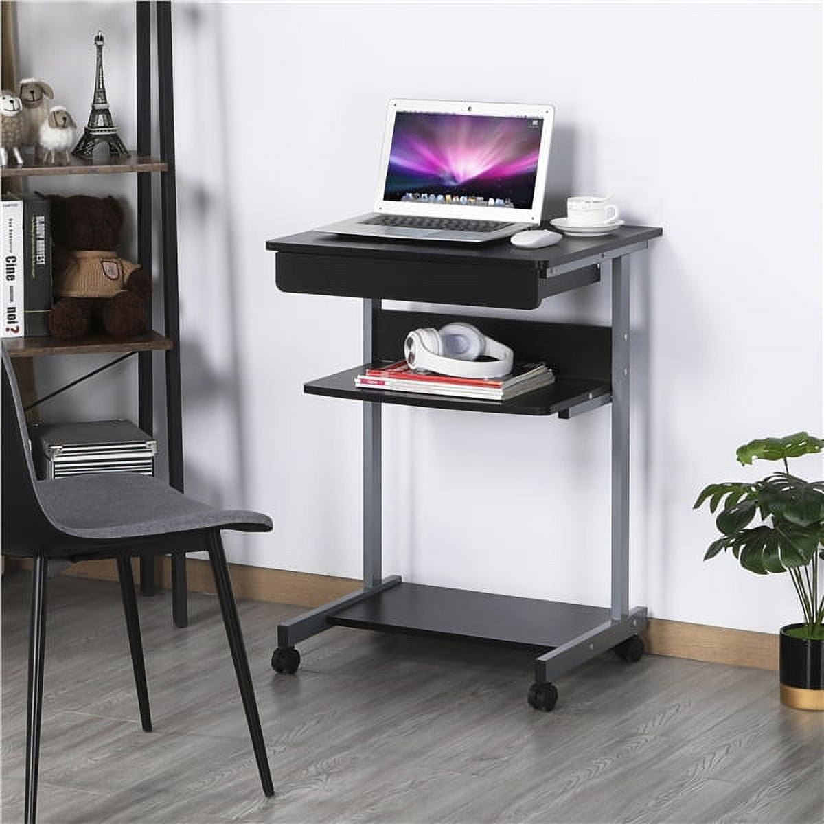Alden Design Rolling Computer Desk with 2 Storage Shelves and Drawer, Black