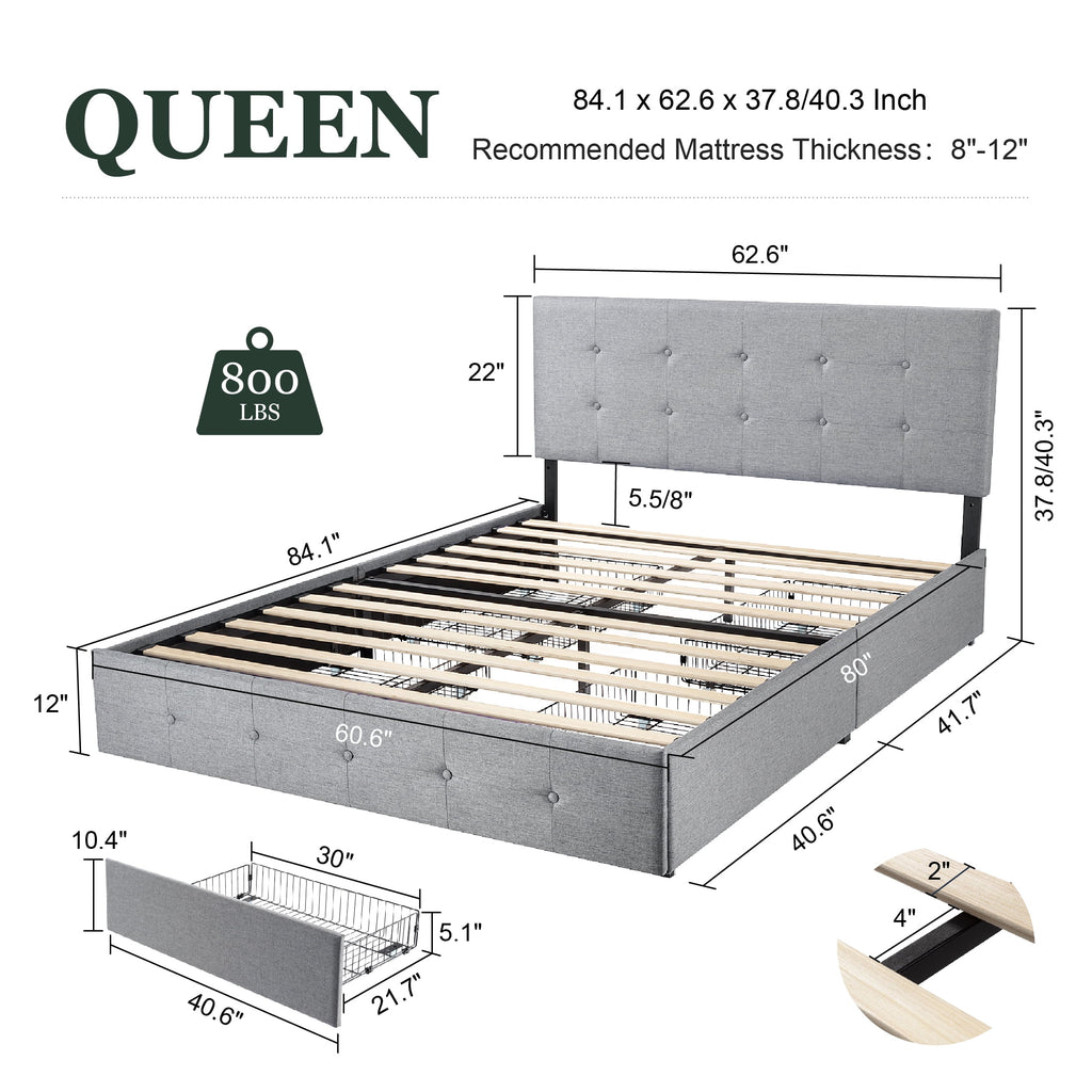 Amolife Queen Size Platform Bed Frame with Headboard and 4 Storage Drawers, Button Tufted Style, Mattress Not Included, Dark Gray