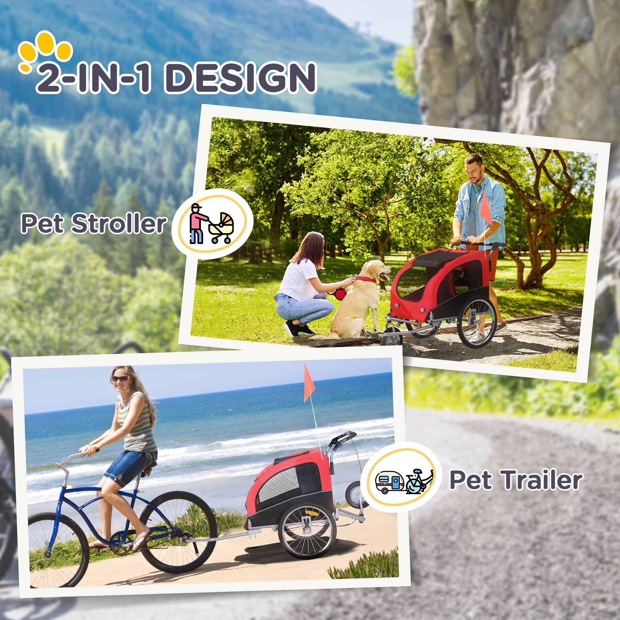 Aosom Dog Bike Trailer 2-In-1 Pet Stroller with Canopy and Storage Pockets, White